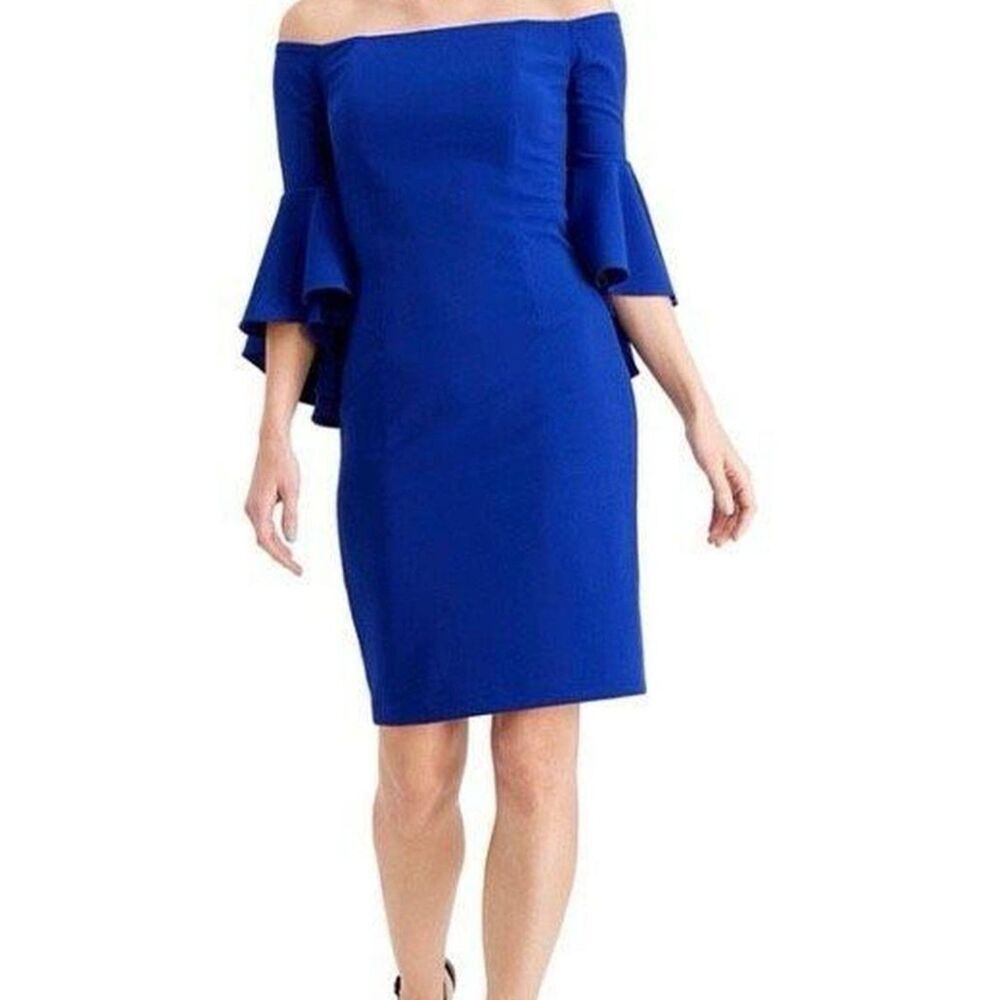 Calvin Klein Royal Blue Off The Shoulder Bell Sleeve Sheath Dress